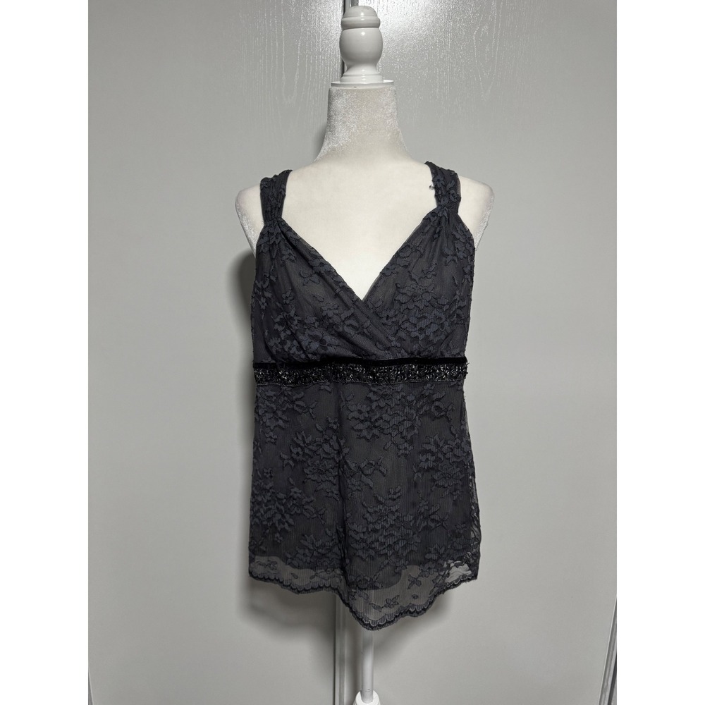 New York & Company Gray Floral Lace Beaded Empire Waist Sleeveless Blouse Large